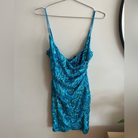 Windsor Maeve Blue Sequin Wrap Mini Dress - Picture 5 of 11